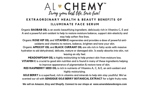 Card listing healthy and beauty benefits of Illuminate Face serum. 